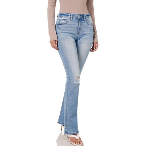 Light Wash Blue Distressed Flare Stretch Denim Jeans NWT - Picture 3 of 13